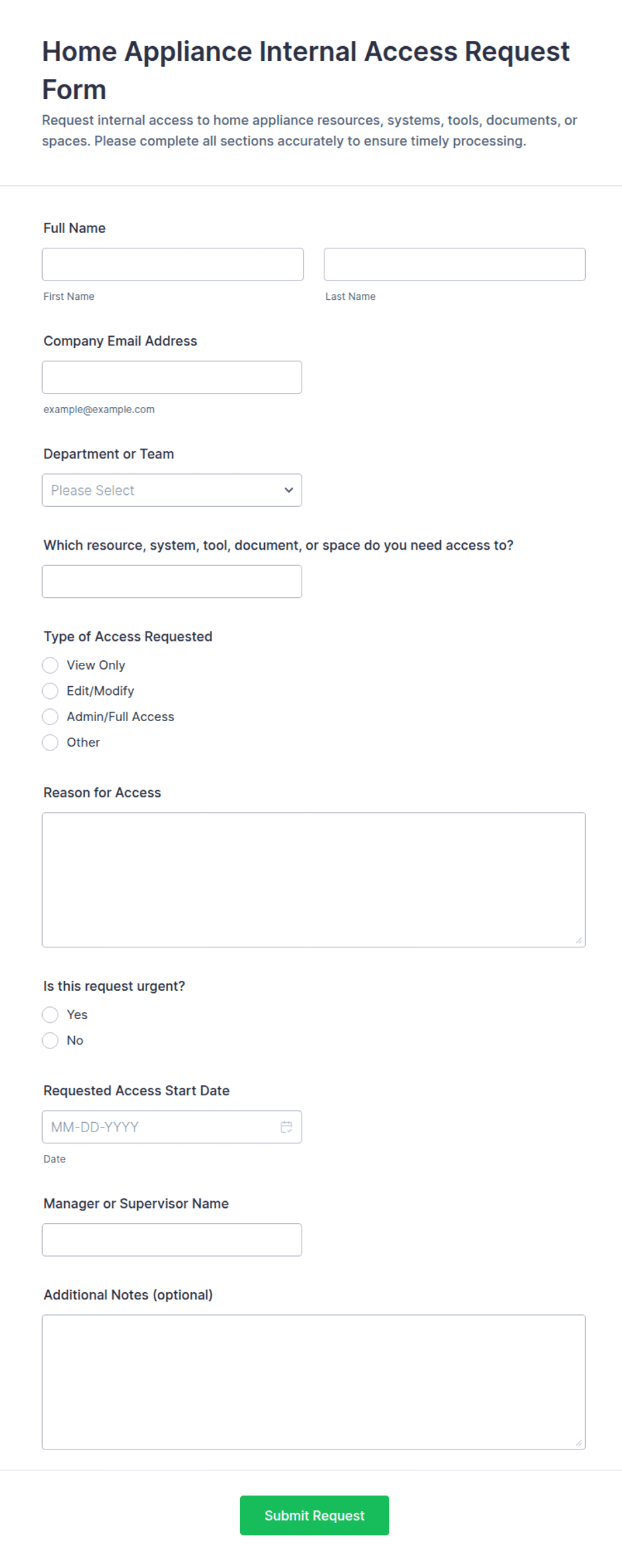 Home Appliance Internal Access Request Form Template | Jotform