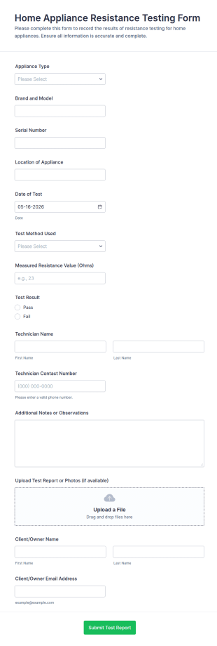 Home Appliance Resistance Testing Form Template