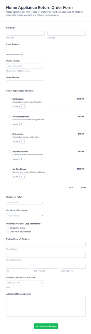 Home Appliance Return Order Form Template