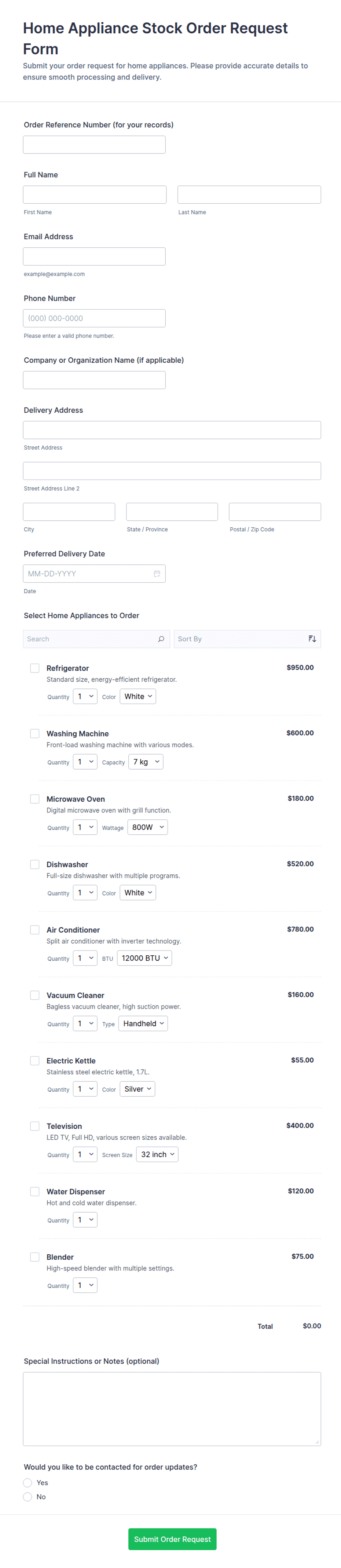Home Appliance Stock Order Request Form Template | Jotform