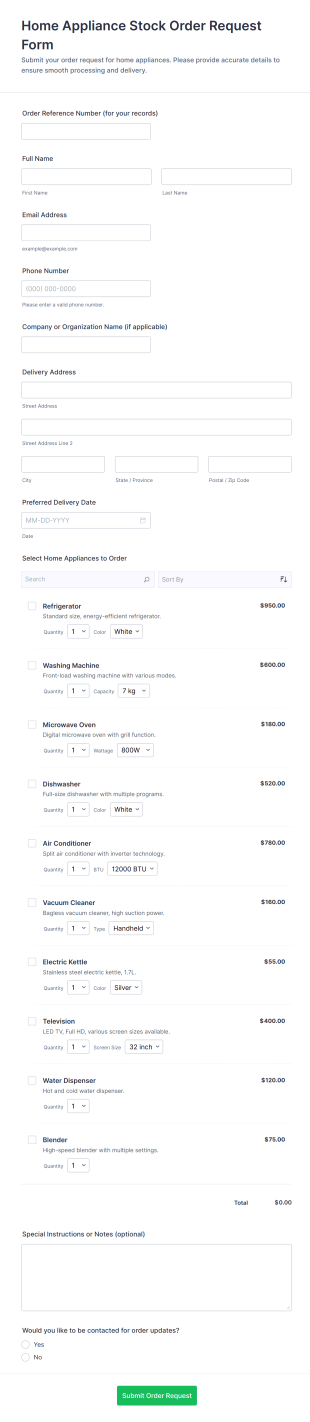 Home Appliance Stock Order Request Form Template