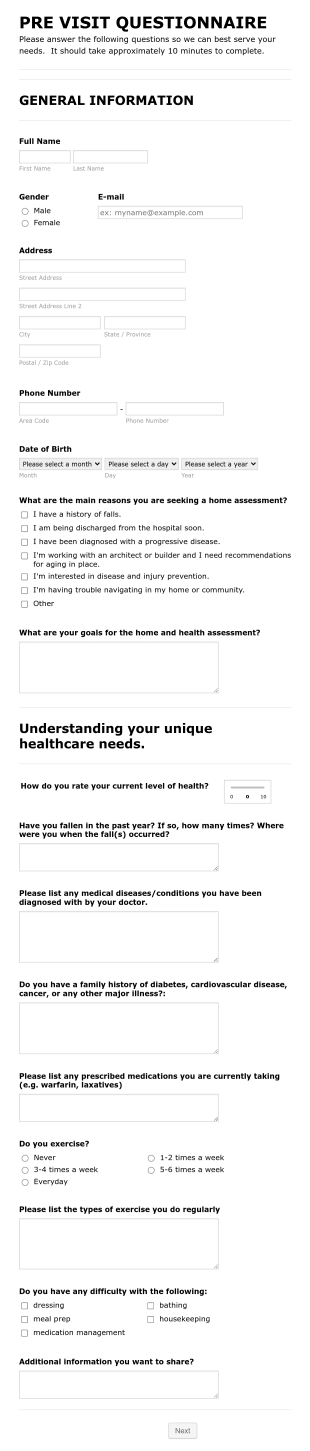 Home Assessment Pre Visit Questionnaire Form Template