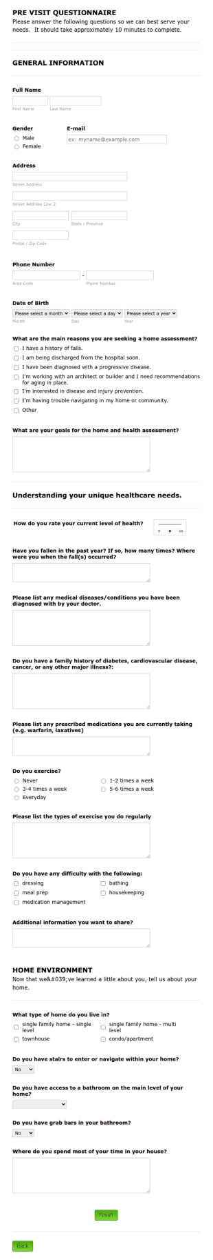Home Assessment Pre Visit Questionnaire Form Template