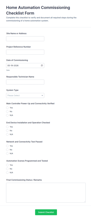 Home Automation Commissioning Checklist Form Template
