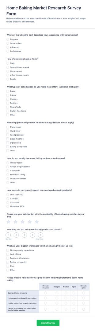 Home Baking Market Research Survey Form Template