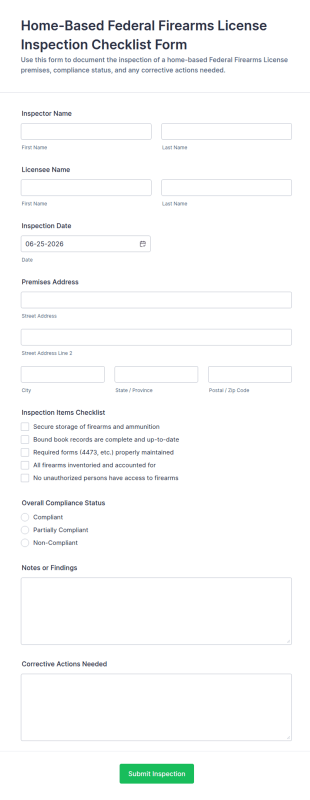 Home Based Federal Firearms License Inspection Checklist Form Template