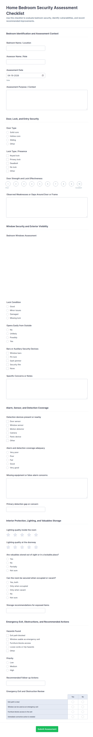 Home Bedroom Security Assessment Checklist Form Template