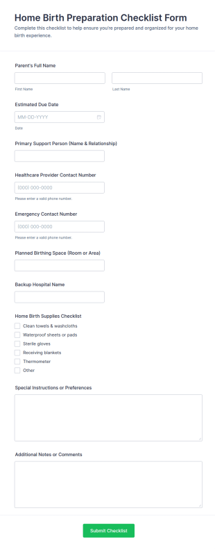 Home Birth Preparation Checklist Form Template