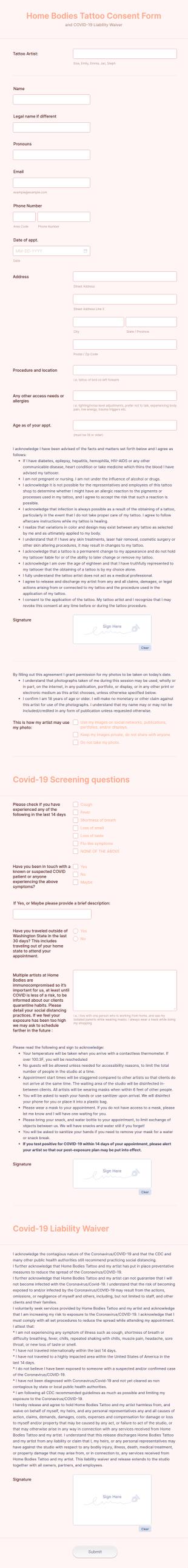 Home Bodies Tattoo Consent Form Template