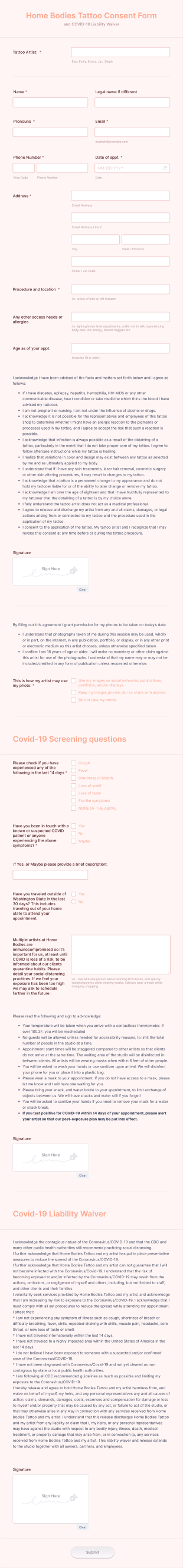 Home Bodies Tattoo Consent Form Template
