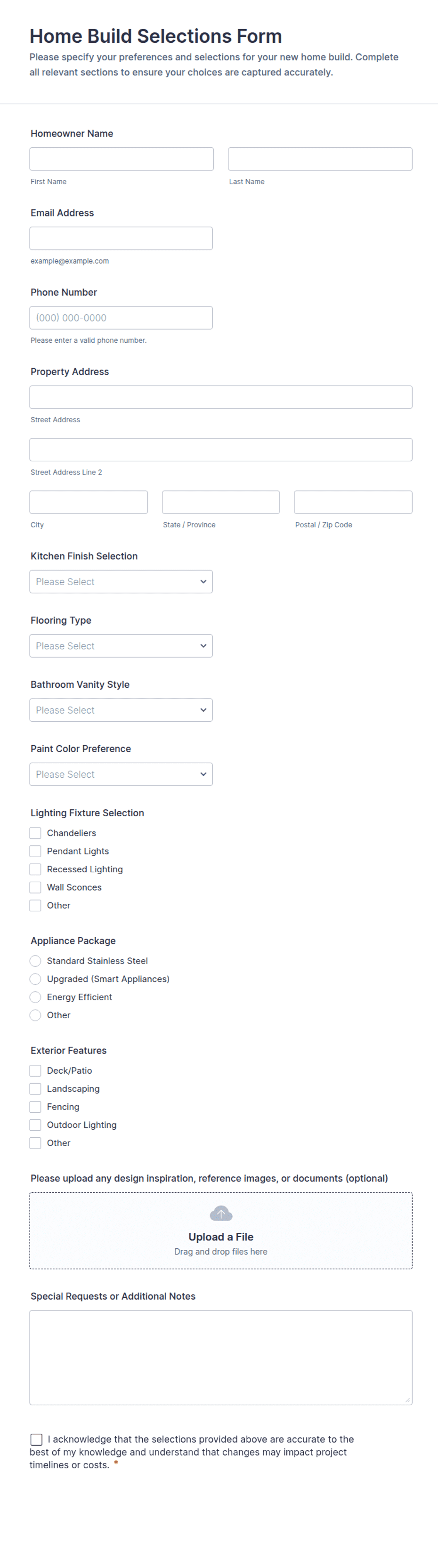 Home Build Selections Form Template | Jotform