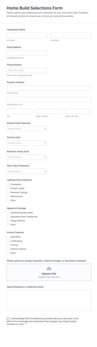 Home Build Selections Form Template