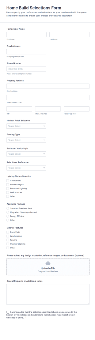 Home Build Selections Form Template