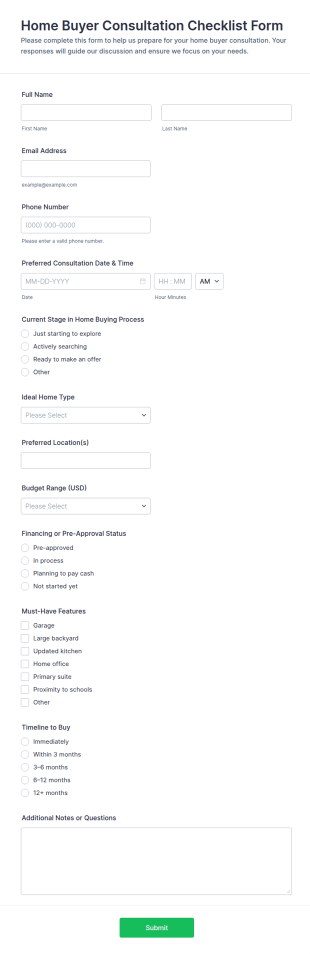 Home Buyer Consultation Checklist Form Template