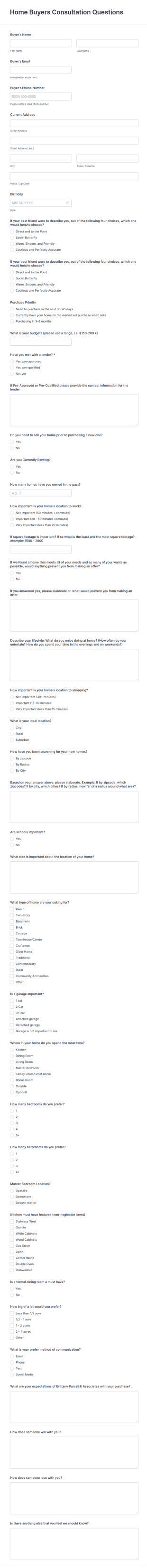 Home Buyer Consultation Questionnaire Form Template