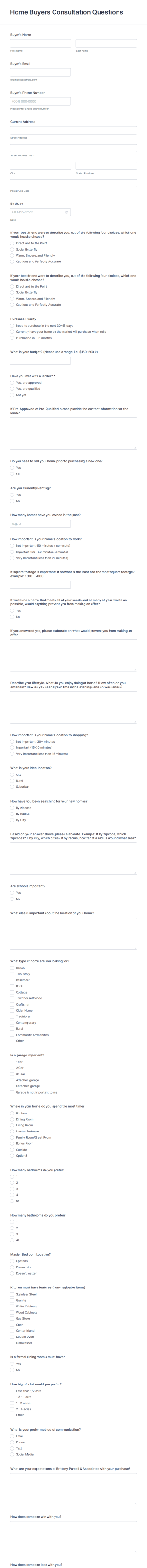 Home Buyer Consultation Questionnaire Form Template