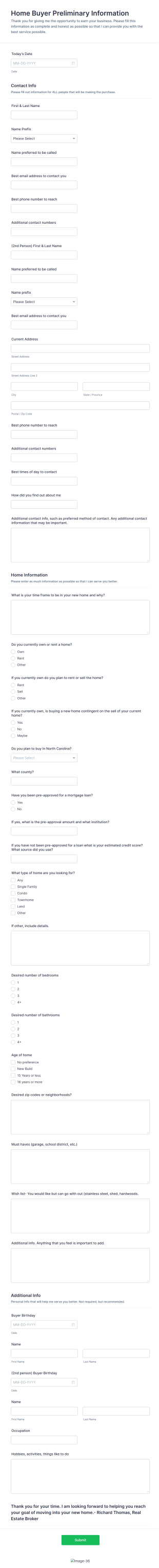 Home Buyer Preliminary Information Collection Form Template