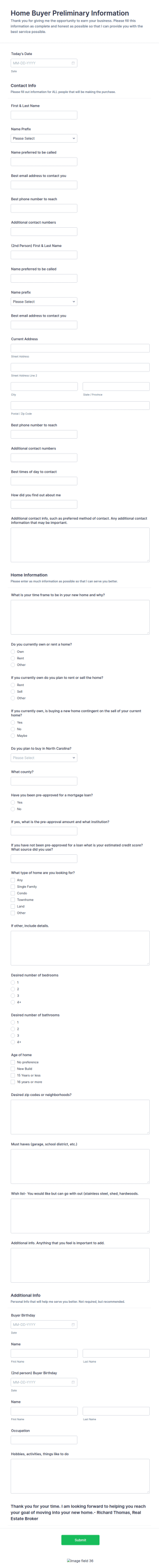 Home Buyer Preliminary Information Collection Form Template