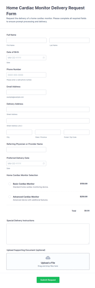 Home Cardiac Monitor Delivery Request Form Template