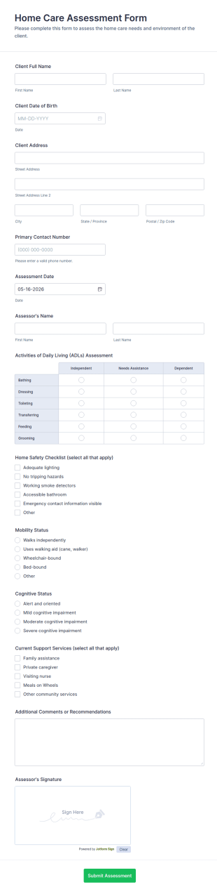 Home Care Assessment Form Template