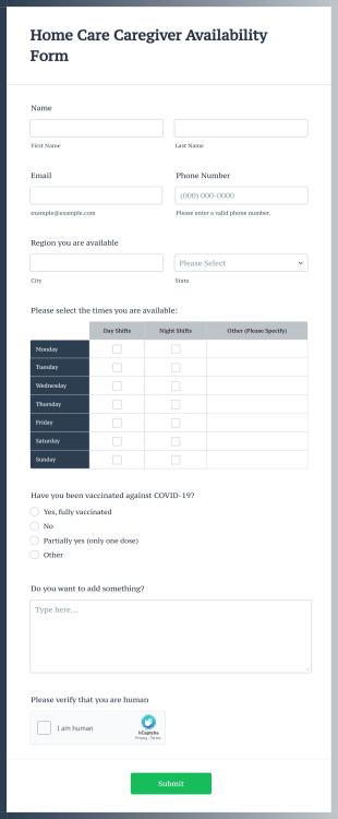 Home Care Caregiver Availability Form Template