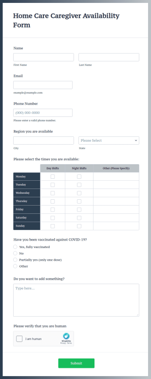Home Care Caregiver Availability Form Template