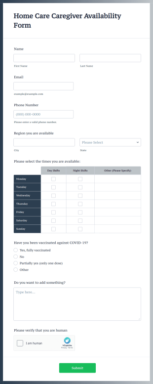 Home Care Caregiver Availability Form Template
