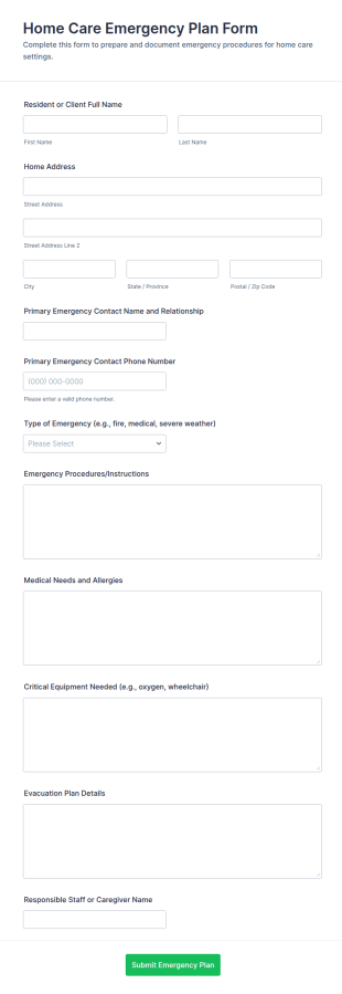 Home Care Emergency Plan Form Template