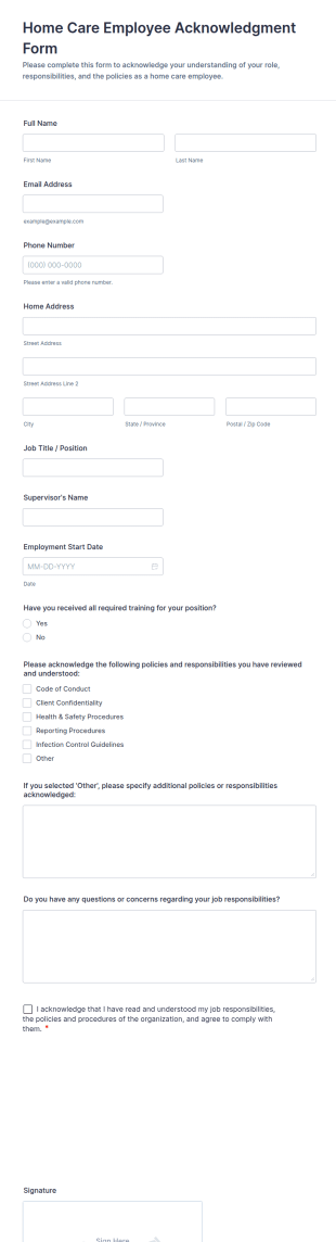 Home Care Employee Acknowledgment Form Template