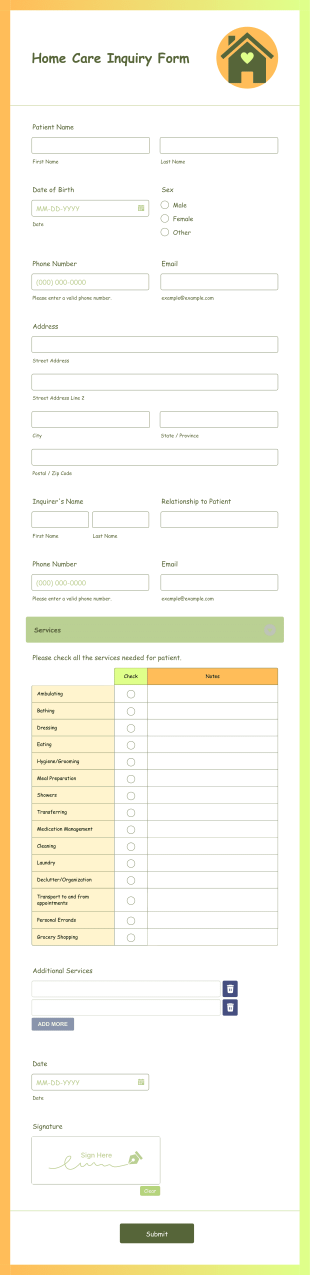 Home Care Inquiry Form Template