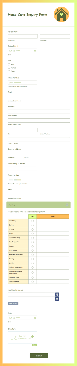 Home Care Inquiry Form Template