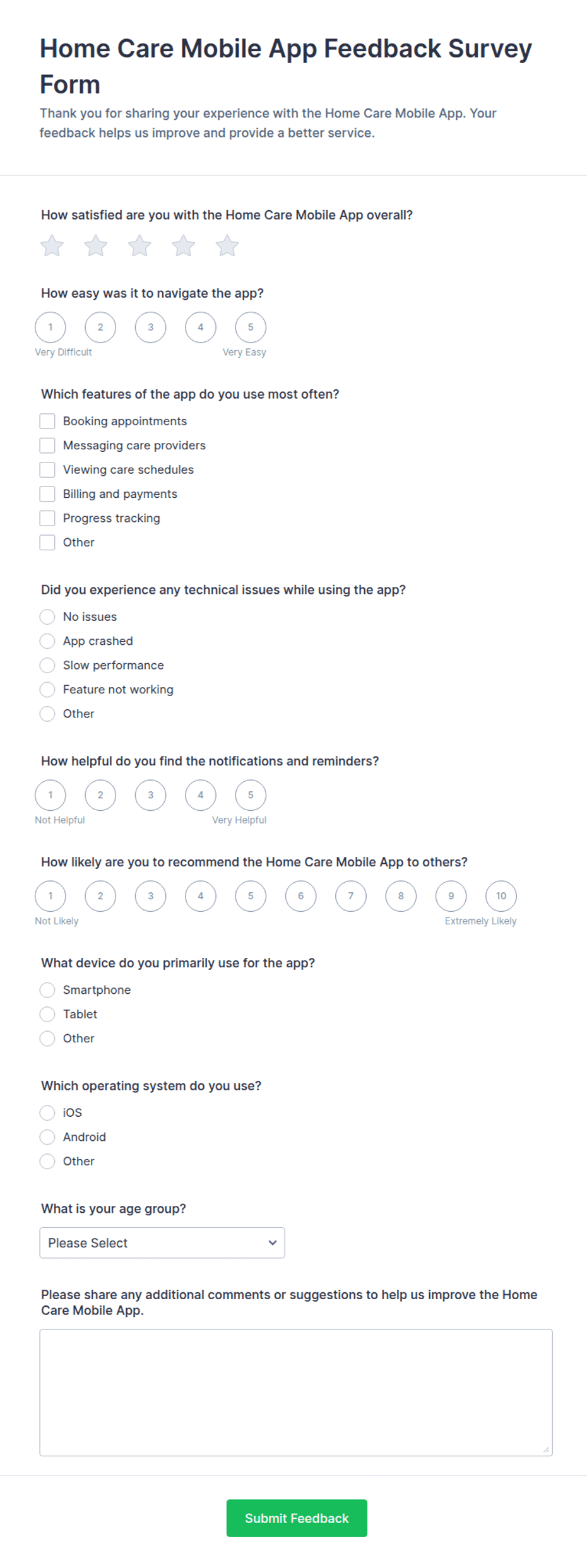 Home Care Mobile App Feedback Survey Form Template | Jotform