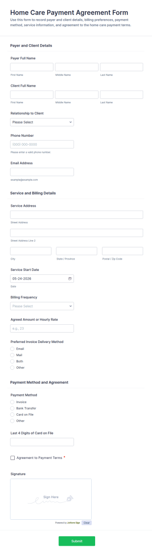 Home Care Payment Agreement Form Template