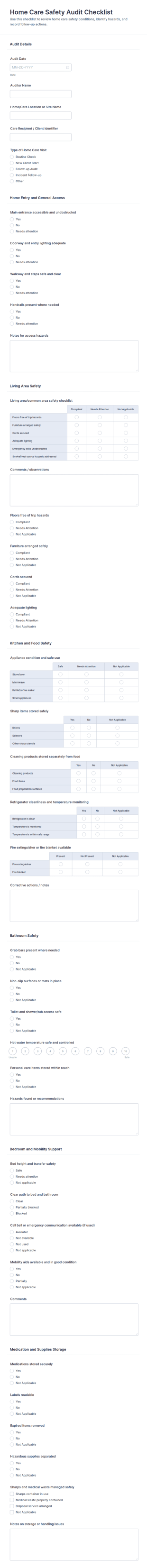 Home Care Safety Audit Checklist Form Template