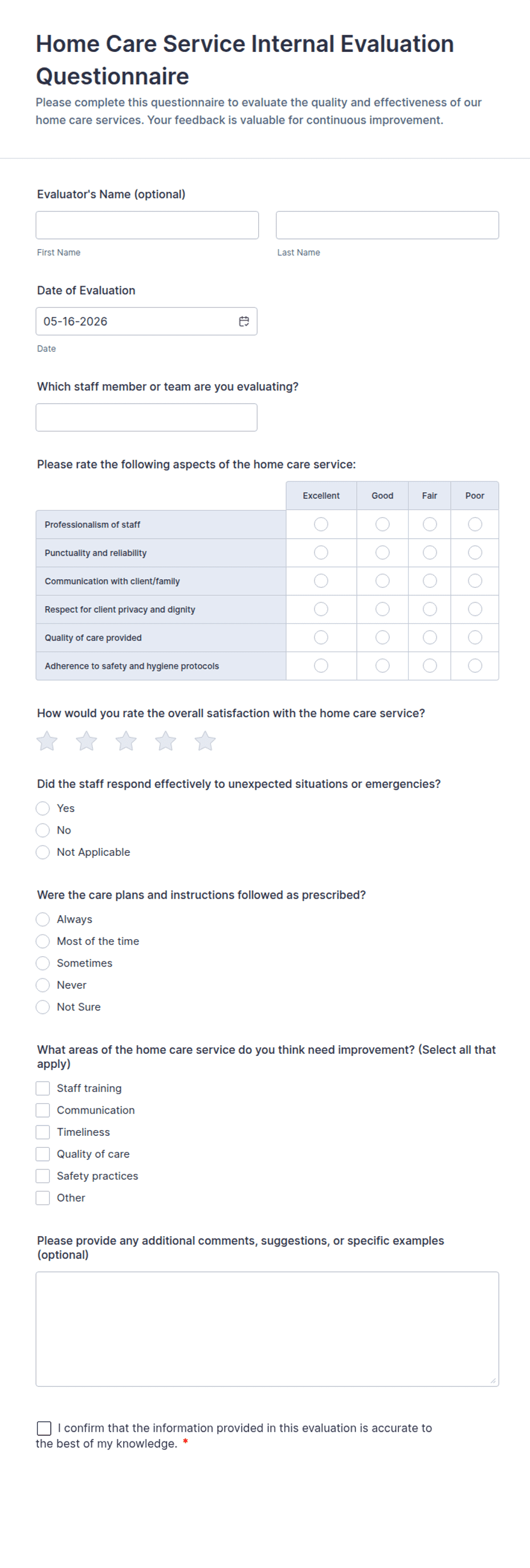 Home Care Service Internal Evaluation Questionnaire Form Template | Jotform