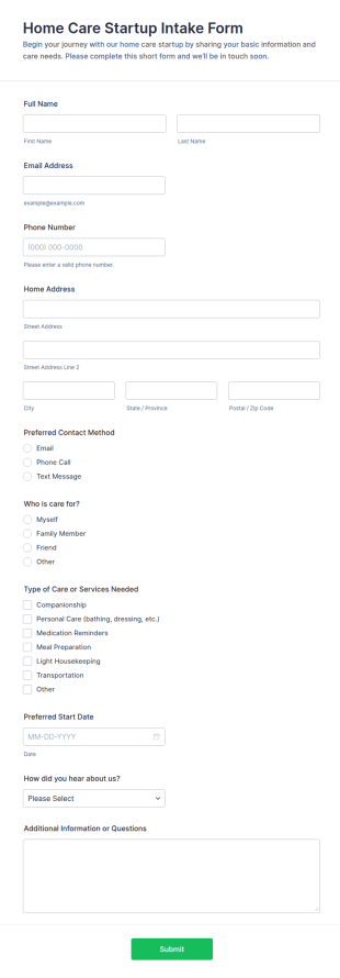 Home Care Startup Intake Form Template