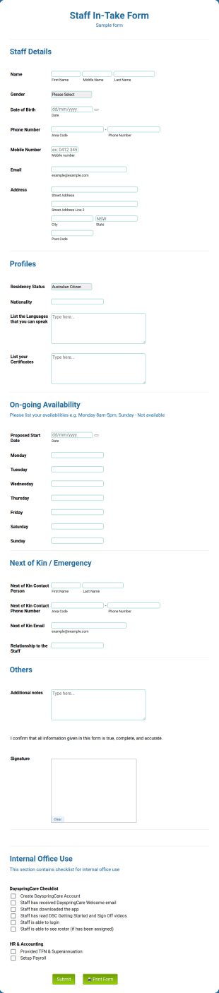 Home Care Support Worker Intake Form Template