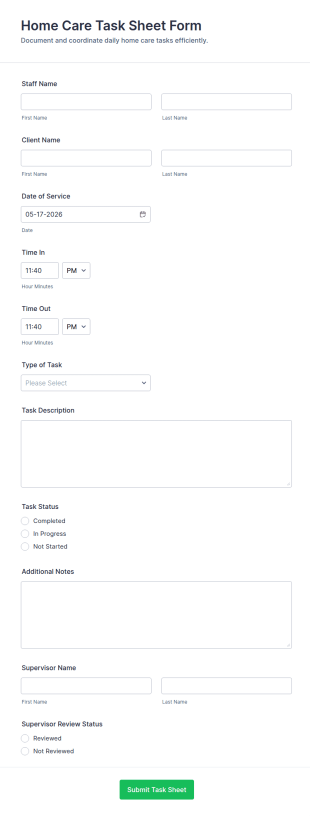 Home Care Task Sheet Form Template