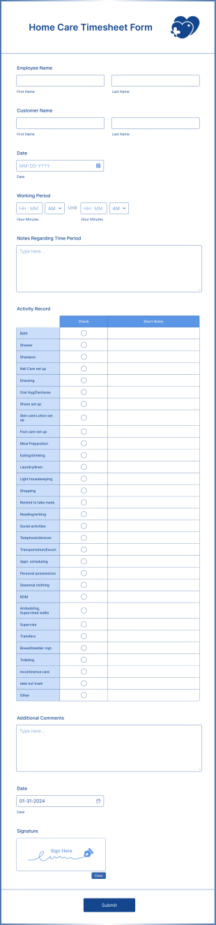 Home Care Timesheet Form Template