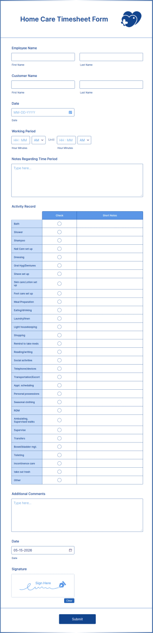 Home Care Timesheet Form Template
