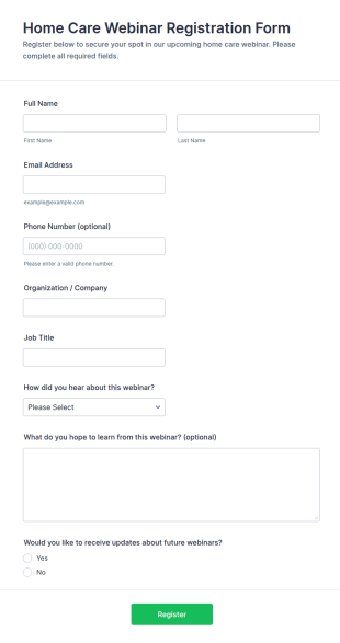 Home Care Webinar Registration Form Template