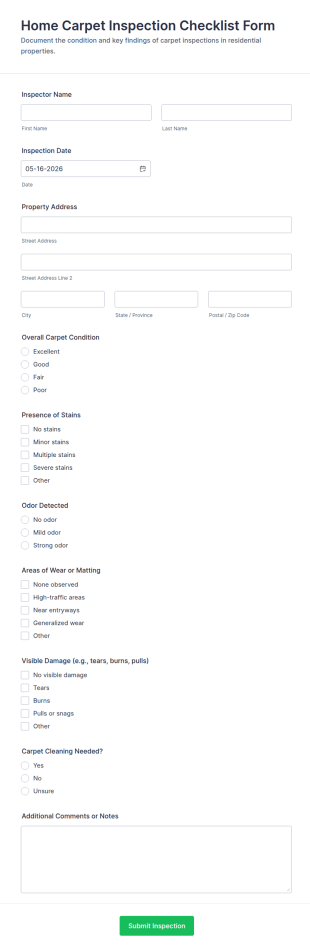 Home Carpet Inspection Checklist Form Template