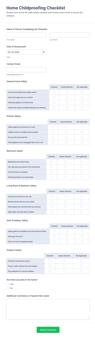 Home Childproofing Checklist Form Template