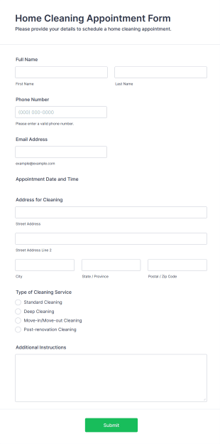 Home Cleaning Appointment Form Template