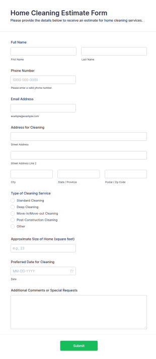 Home Cleaning Estimate Form Template