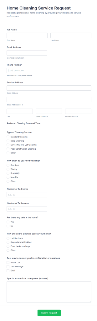 Home Cleaning Service Request Form Template