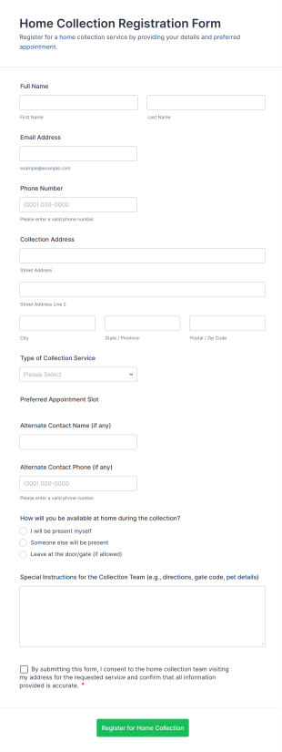 Home Collection Registration Form Template