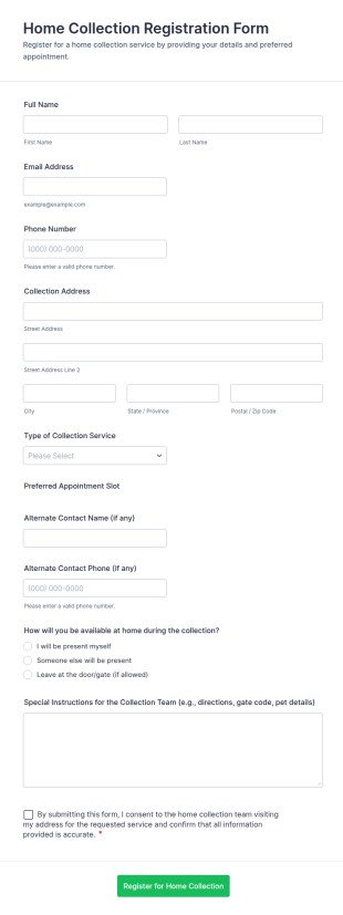 Home Collection Registration Form Template