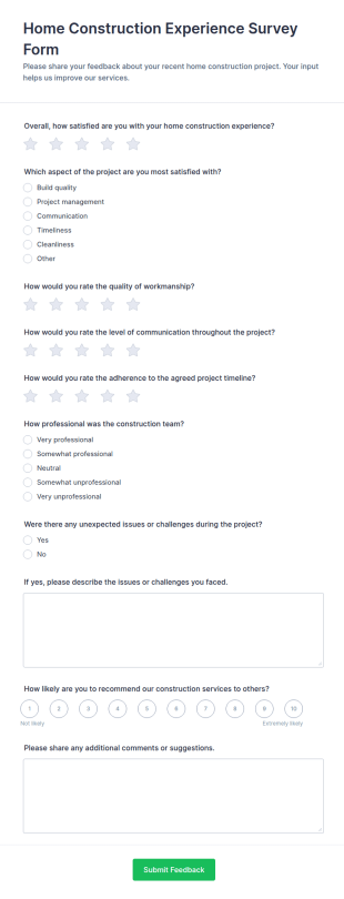 Home Construction Experience Survey Form Template
