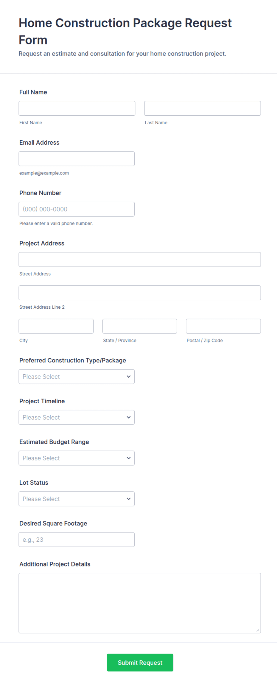 Home Construction Package Request Form Template | Jotform